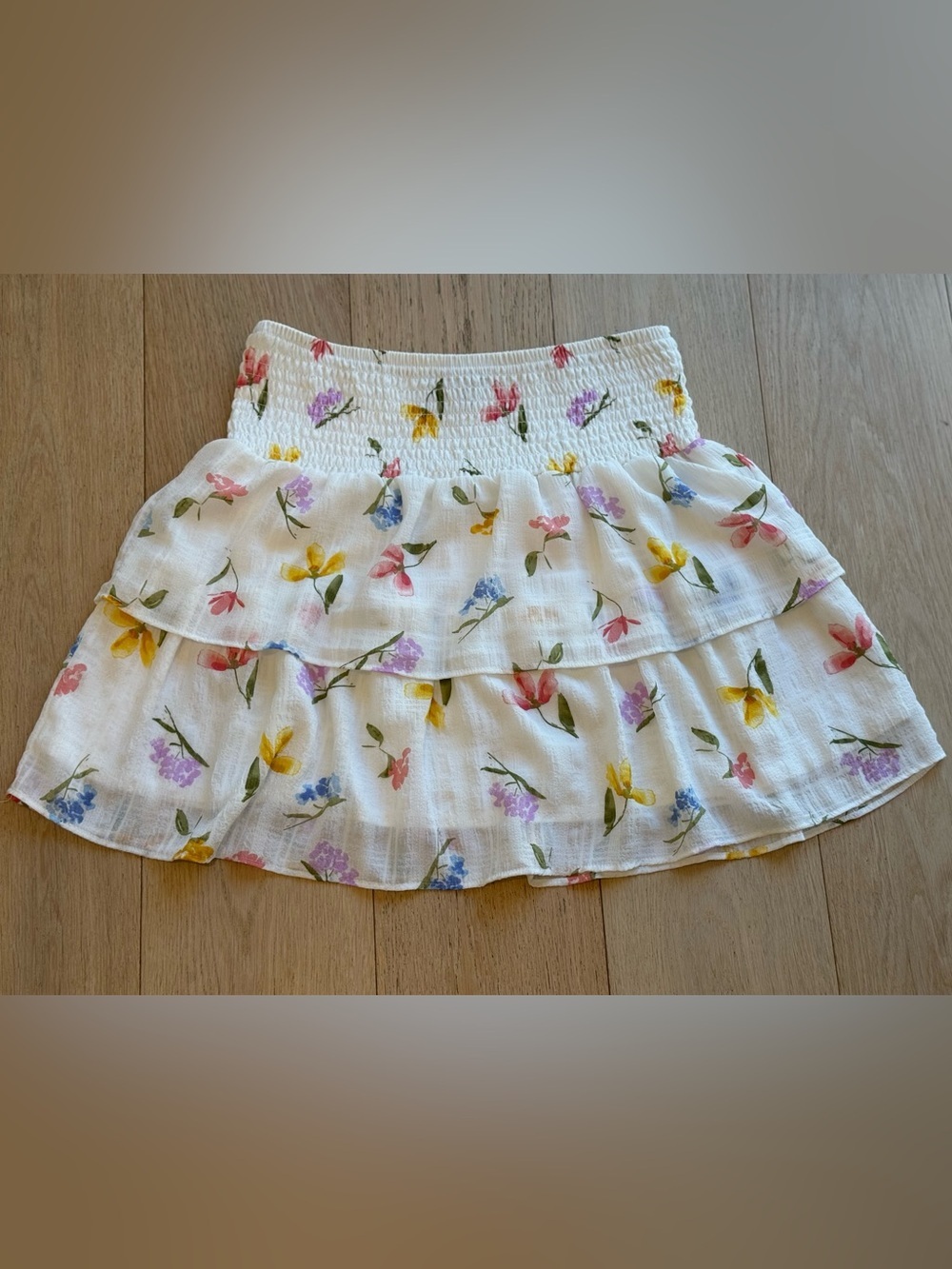 HAVER London Floral Tiered Mini Skirt XL | Smocked Waist Boho Summer Bohemian